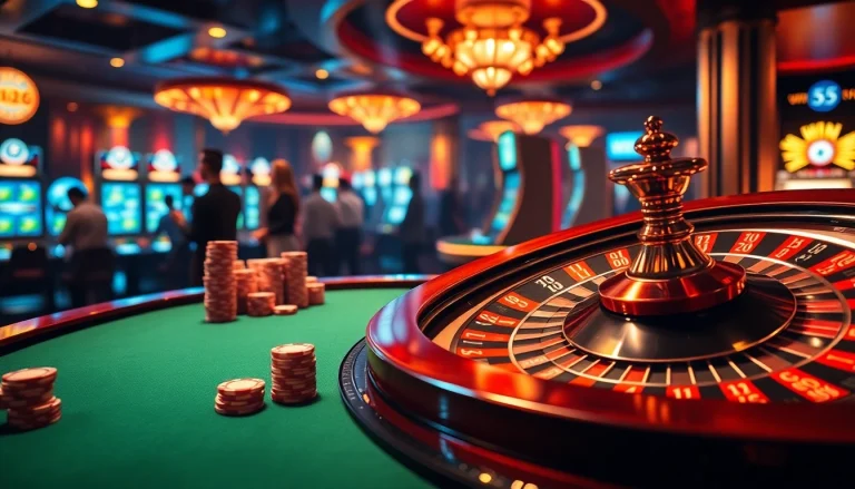 Experience the excitement of win55 with high-stakes games at a luxurious casino featuring poker tables and roulette wheels.