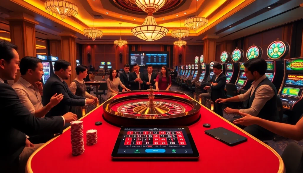 Players celebrating wins at the roulette table inspired by vin7771.com experience in a luxurious casino atmosphere.
