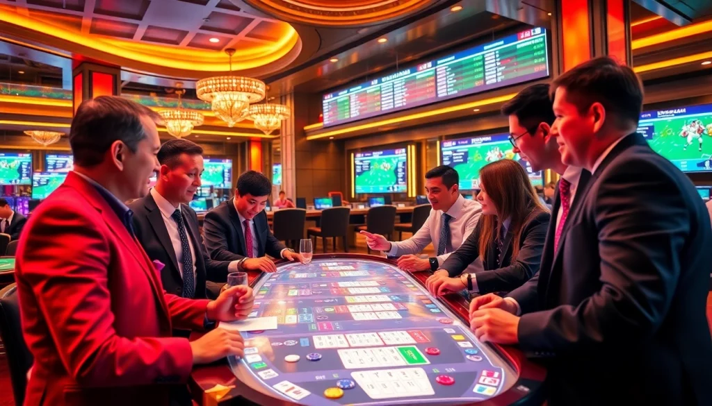 Kèo Bóng Đá betting scene showcasing vibrant casino atmosphere and engaged bettors.