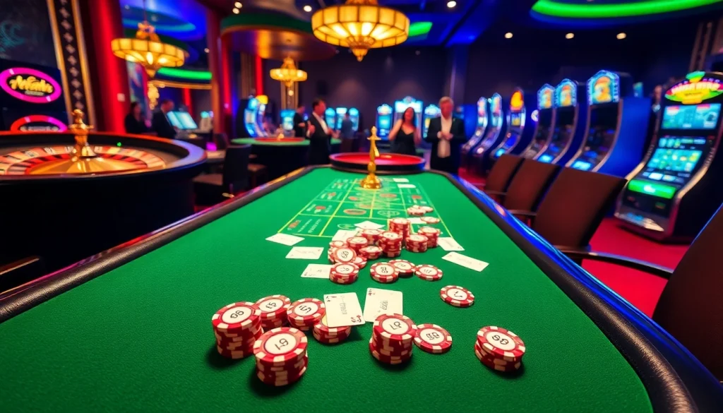 Players engaging in high-stakes gambling at a casino scene featuring LC 88-branded poker chips and roulette wheel.