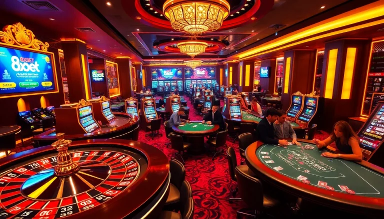 Players enjoy casino games at 8xbet's luxurious gaming floor, showcasing excitement and professionalism.