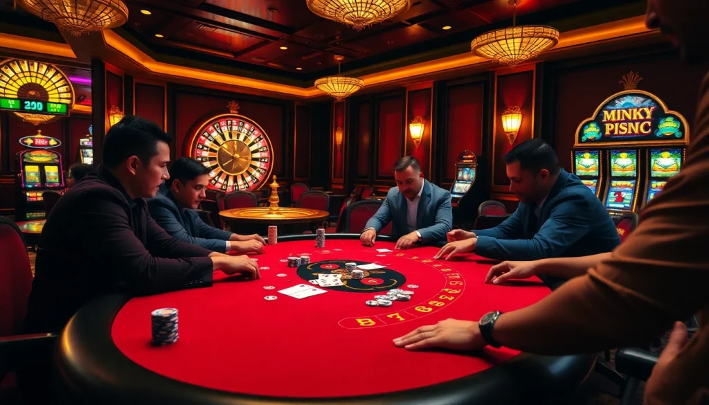 Engaging players at a poker table, showcasing the excitement of link PS99 in a vibrant casino scene.