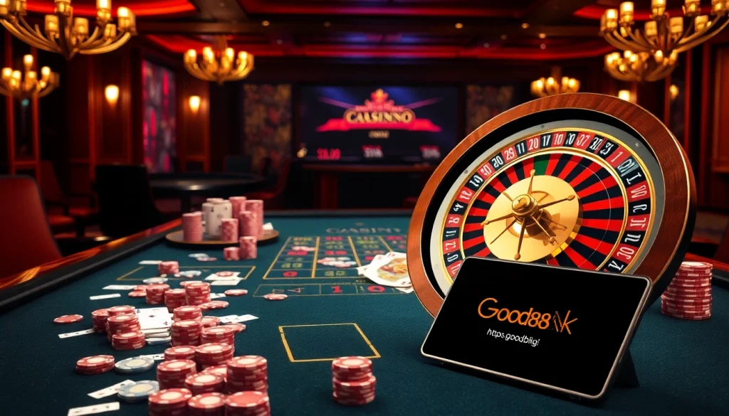 Experience thrilling gameplay at https://good88k.blog with luxurious casino tables showcasing vibrant poker chips and cards.