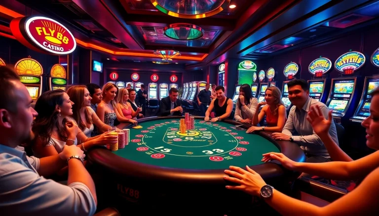 Experience the thrill of FLY88 at an upscale casino table with vibrant colors and excited players.