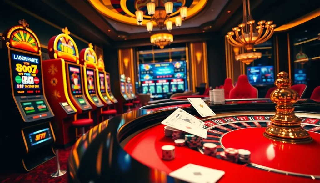 Thrilling gaming at Casino PG88 with vibrant slot machines and an inviting roulette table.