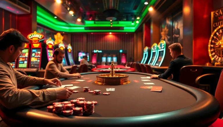 Engaging casino atmosphere from https://gg88.tech/ with poker players, dynamic slots, and roulette.