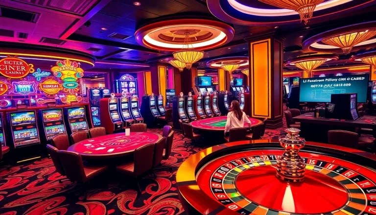 Players engaging in casino games at https://jun88pl.com/ with vibrant slot machines and a roulette wheel.
