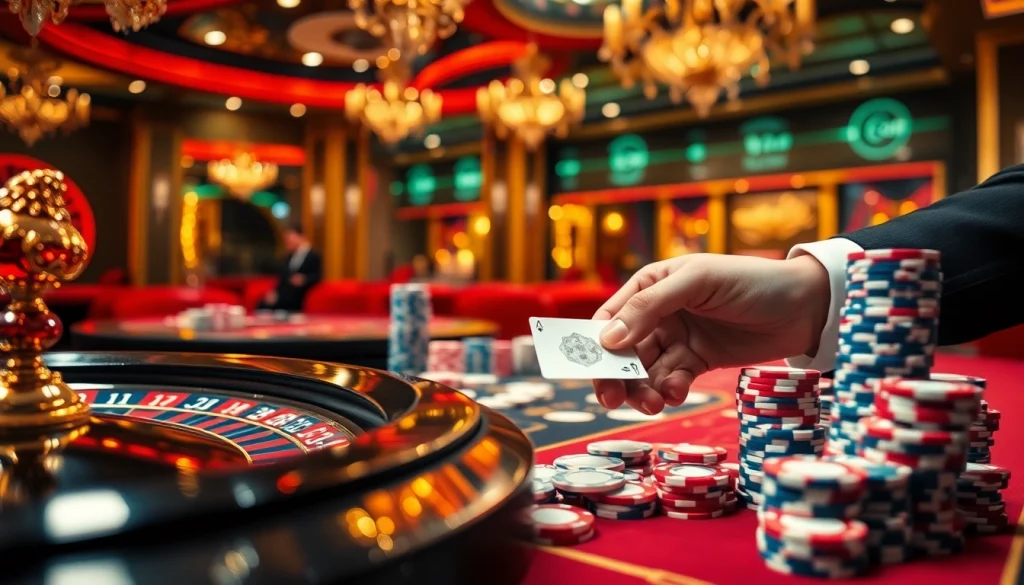 A thrilling casino environment showcasing poker chips and a roulette wheel representing the excitement of https://big88.sa.com gaming.