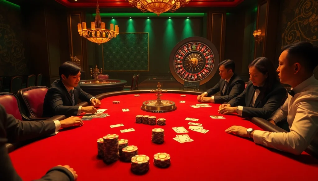 Players engage in a high-stakes game at the pristine xin 88 casino poker table, surrounded by chips and cards.