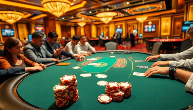 Excited players enjoying poker at nhà cái RR88, surrounded by vibrant casino tables and chips.