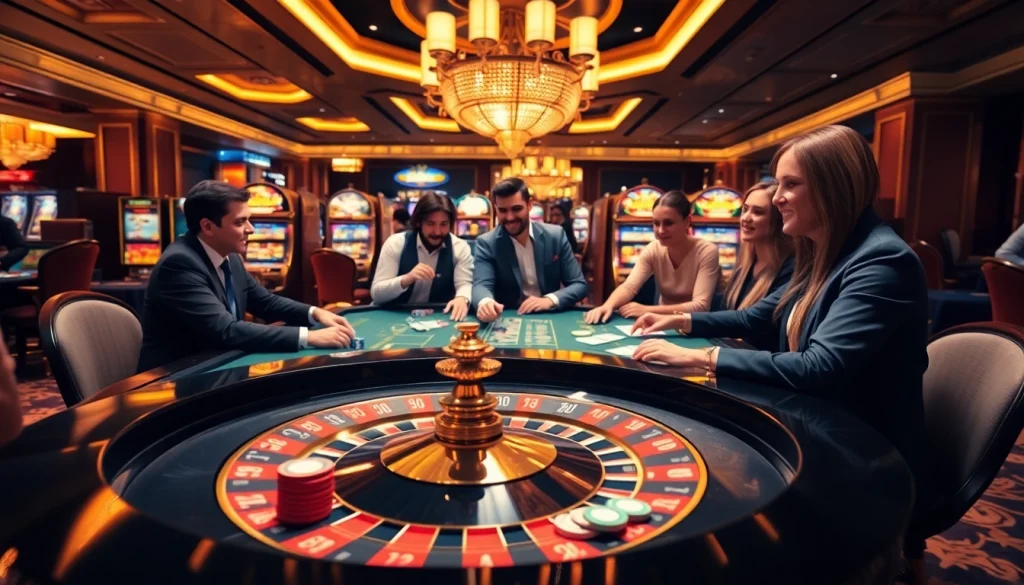 Experience the excitement of gaming at https://soibet.vision/ with luxurious casino tables and players enjoying various games.