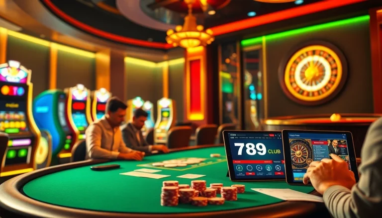 Exciting gambling scene at https://789club.quest/ featuring players at a poker table, slot machines, and roulette.