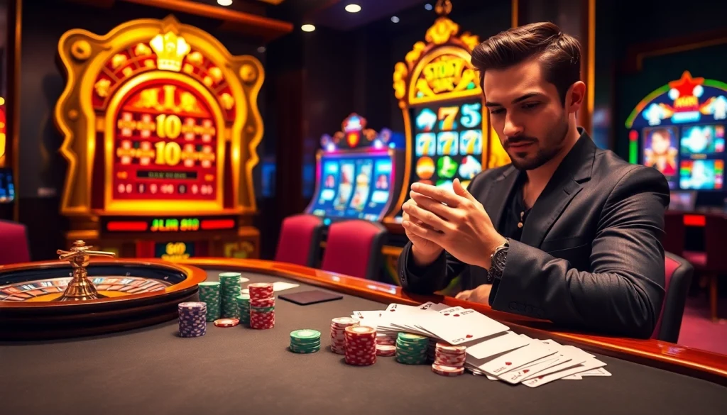 Players enjoying a thrilling round of poker at a luxurious casino table with go 88-themed chips and cards.