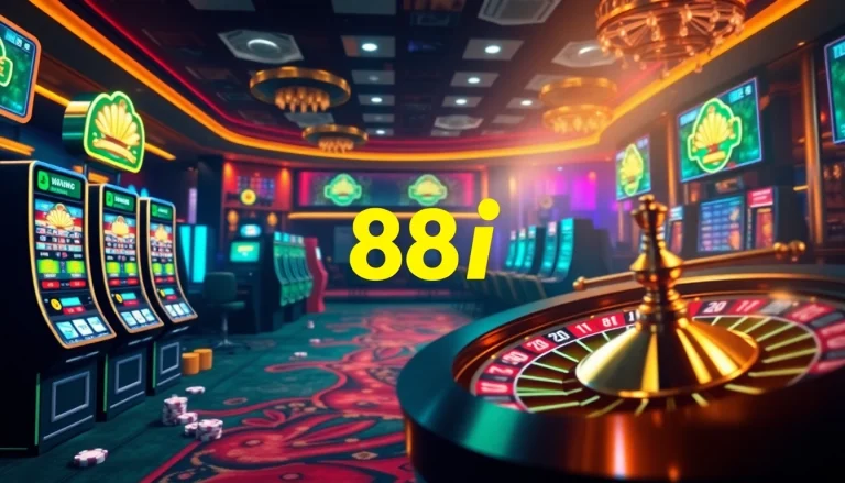 Experience the thrill of online gambling with link 88i as vibrant slot machines and poker chips light up the scene.