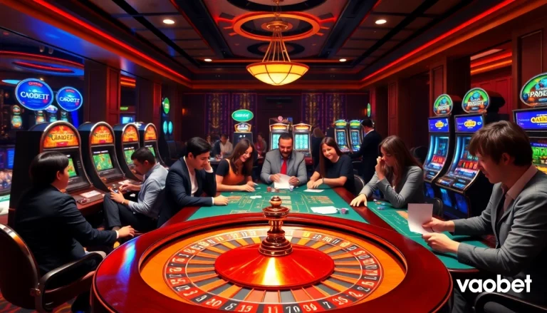 Engage with thrilling casino games at vaobet, featuring roulette, poker tables, and slot machines.