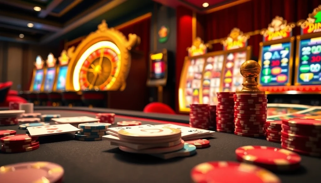 Experience high-stakes gaming with 123win com's luxurious poker table, roulette wheel, and vibrant slot machines.