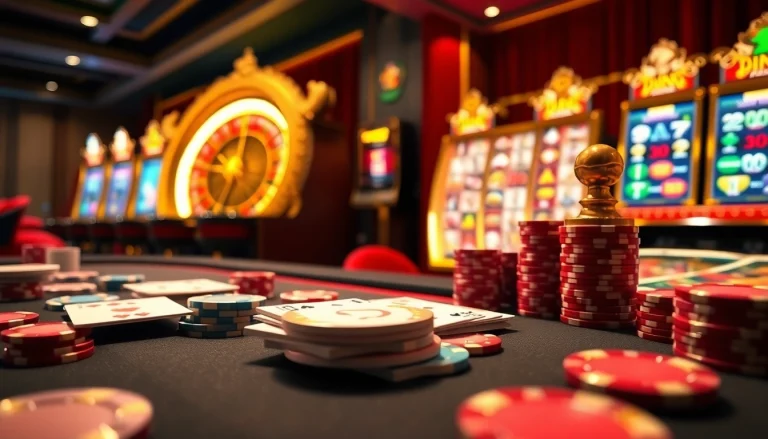 Experience high-stakes gaming with 123win com's luxurious poker table, roulette wheel, and vibrant slot machines.