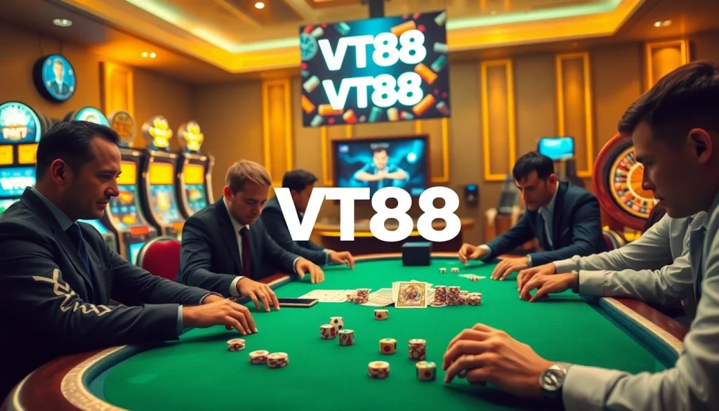 Exciting gaming action at a VT88 casino table, with poker chips and cards in play.
