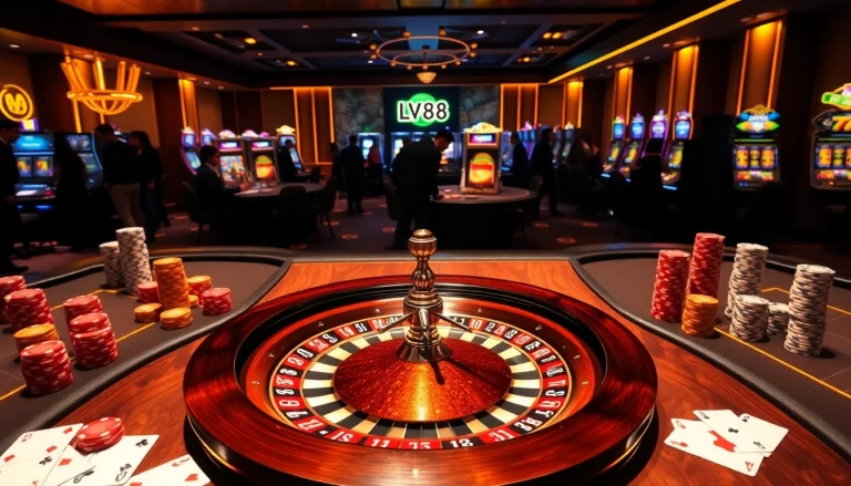 Experience the thrill of LV88 at a vibrant casino table with roulette and poker chips.