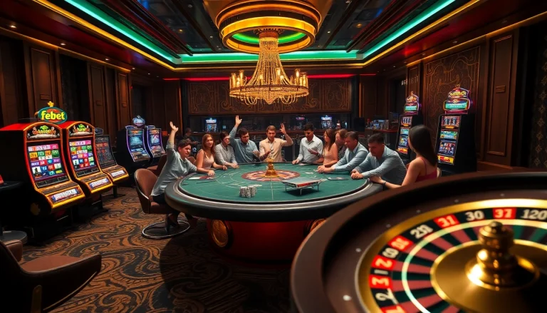 febet players enjoying a thrilling poker game at a luxurious casino table