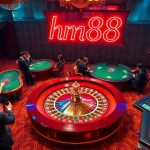 Gamblers enjoying thrilling games at a luxurious casino with hm88 branding and vibrant atmosphere.