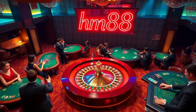 Gamblers enjoying thrilling games at a luxurious casino with hm88 branding and vibrant atmosphere.