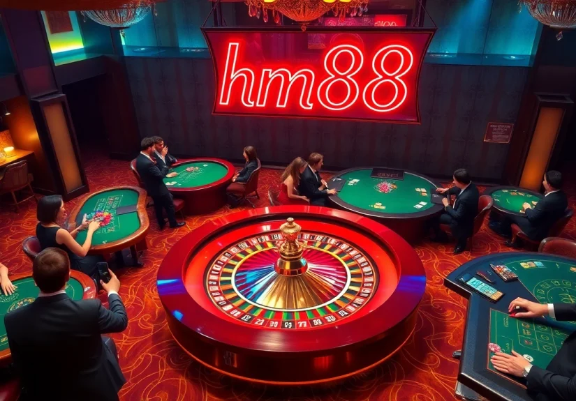 Gamblers enjoying thrilling games at a luxurious casino with hm88 branding and vibrant atmosphere.