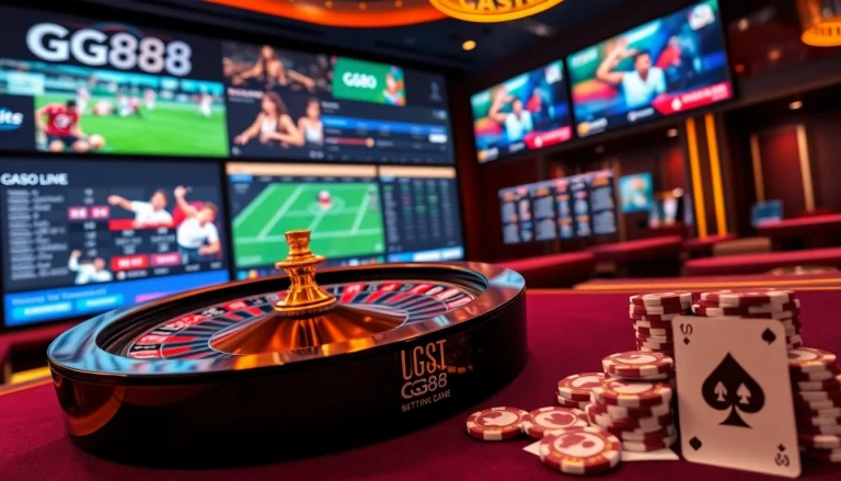 Exciting GG88 online casino experience with a roulette wheel, poker chips, and betting interface.