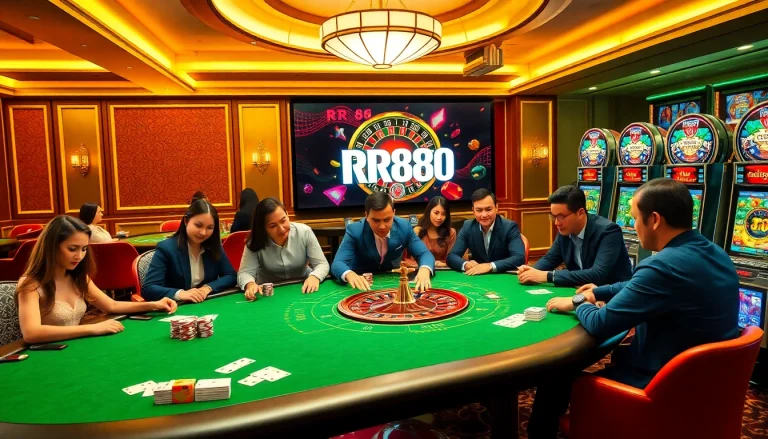 Players enjoying various games at the RR88 casino, creating a thrilling gambling atmosphere.