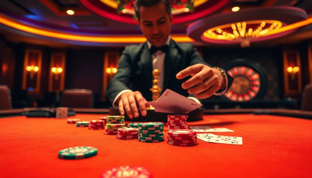 Experience the thrill of nhà cái KK55 with vibrant casino gameplay featuring cards and chips.