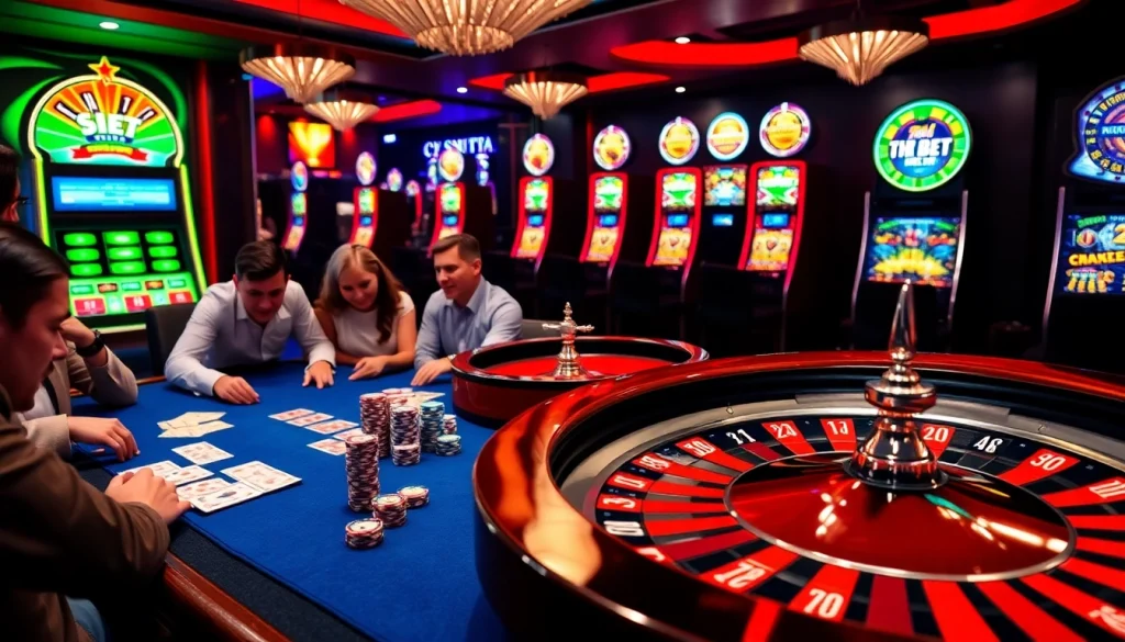 Engaged players strategizing at a poker table in a vibrant ‘tha bet’ casino atmosphere, amidst colorful chips and cards.
