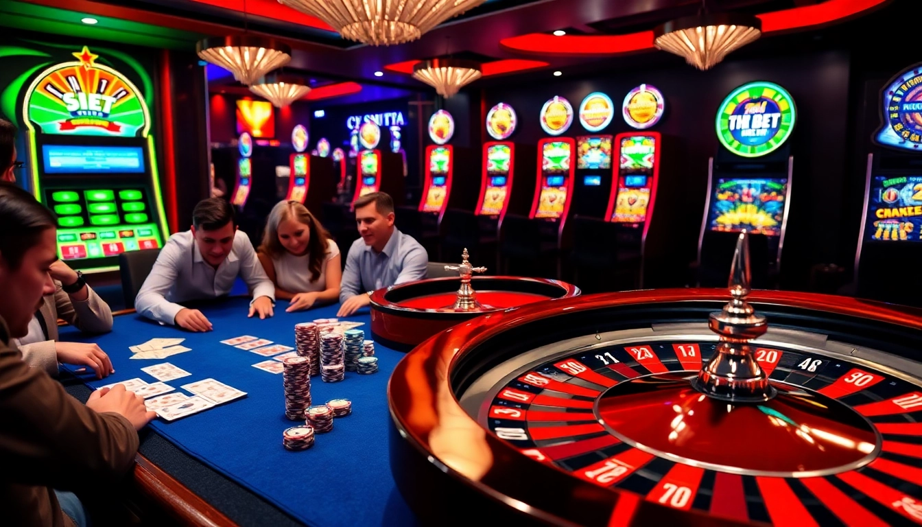 Engaged players strategizing at a poker table in a vibrant ‘tha bet’ casino atmosphere, amidst colorful chips and cards.