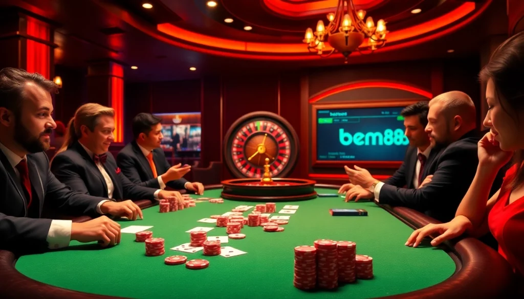 Bem88 gambling scene with players at a poker table and roulette wheel, showcasing excitement.