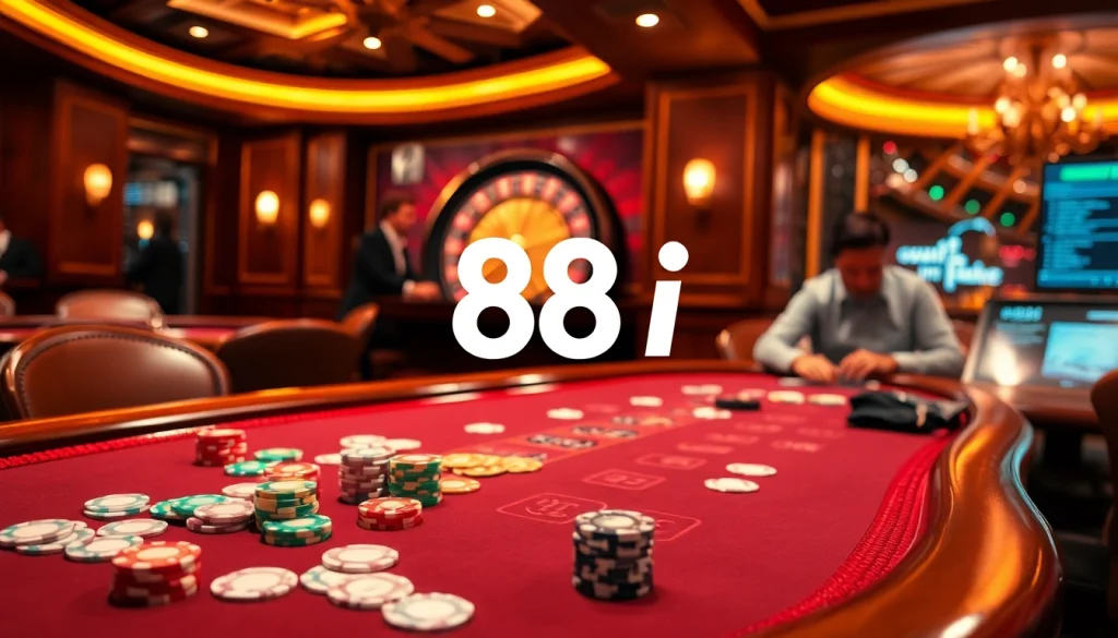 Intense poker game showcasing 88i branding with colorful chips and an elegant roulette wheel.