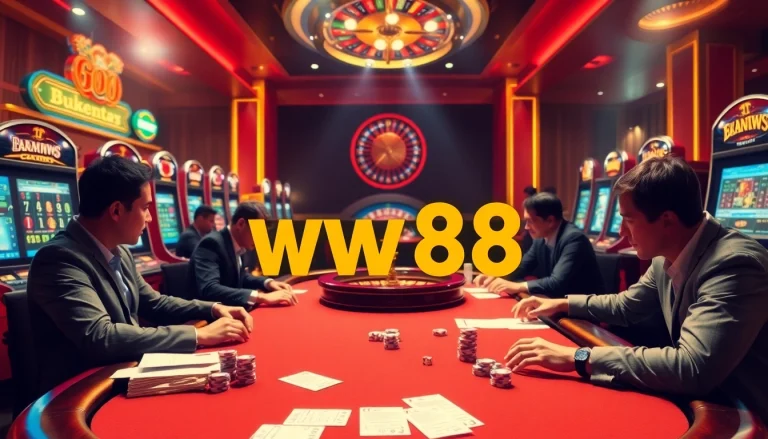 ww88 casino scene featuring players at a poker table with vibrant slot machines in the background.