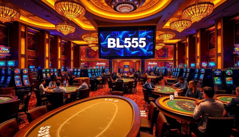Gamblers enjoying a vibrant casino experience at BL555, surrounded by tables and slot machines.