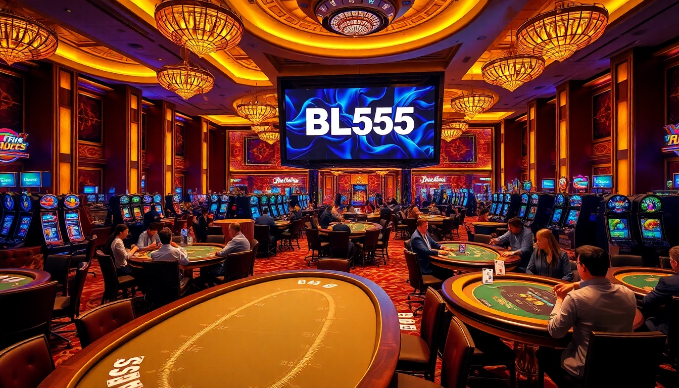 Gamblers enjoying a vibrant casino experience at BL555, surrounded by tables and slot machines.