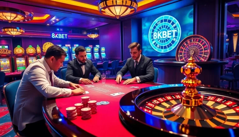 Experience the thrill of casino gaming at 8KBET with vibrant poker chips and a roulette wheel.