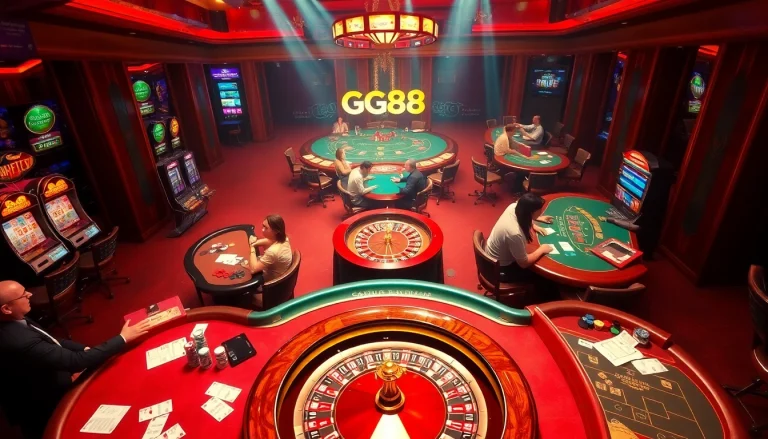 Players engaging at GG88 poker tables with dynamic gameplay and luxury casino atmosphere.