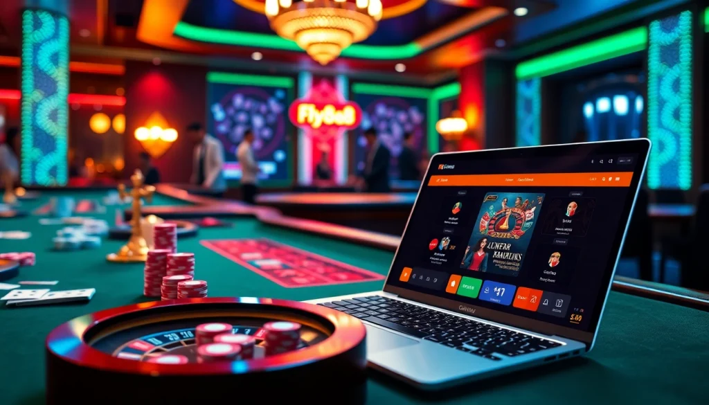 Experience the excitement of nhà cái uy tín FLY88 with vibrant casino tables and online betting interfaces.