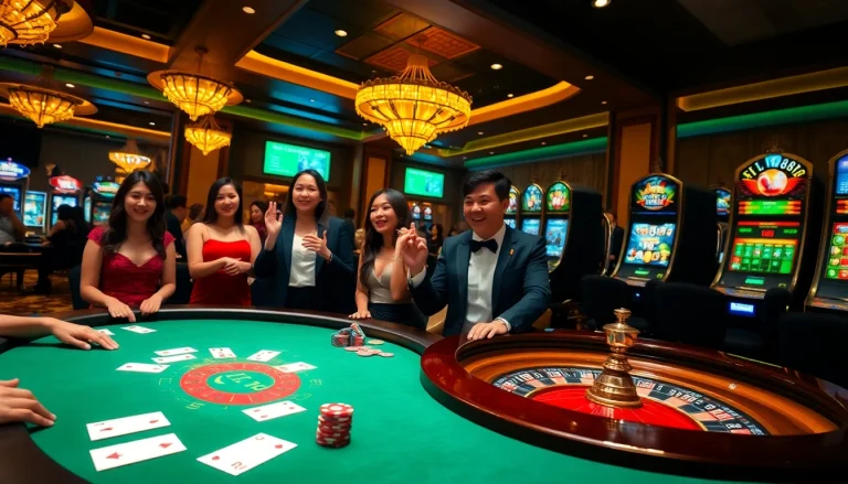 FLY888 poker table with vibrant cards and chips in an exciting casino environment.