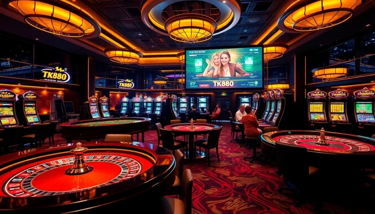 Players enjoying high-stakes games of TK88 in a luxurious casino environment.