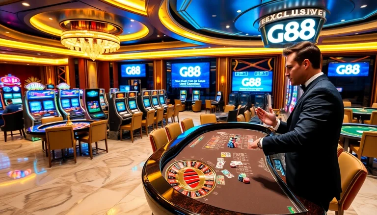 Exciting casino gaming scene with professional croupier showcasing gg 88 promotions.