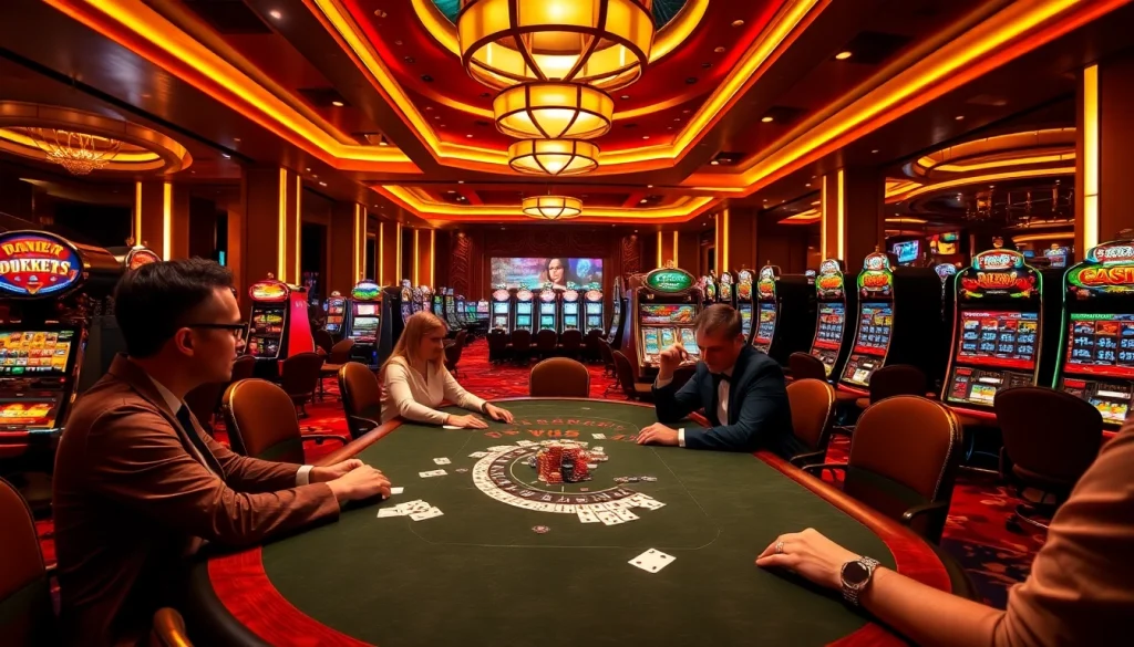 Win55 players strategizing at a luxurious poker table in a high-stakes casino.