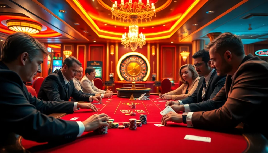 Engaged players at a poker table showcasing strategies at https://sunwinn.in.net/ with vibrant casino decor.