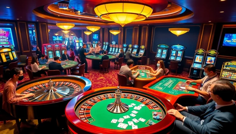 Exciting scene at nhà cái 33win featuring players engaging at a roulette wheel and poker table.