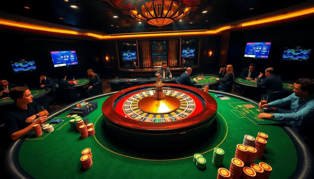 Experience exciting gambling at sky88.vip with a luxurious casino scene featuring roulette and poker.