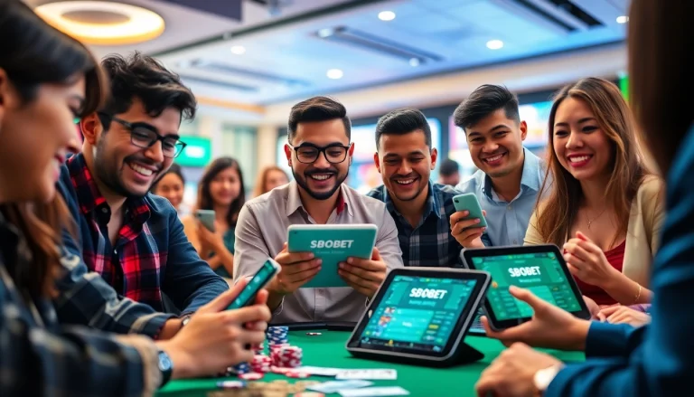 SBOBET.dance vibrant betting scene with diverse players enjoying online gambling.