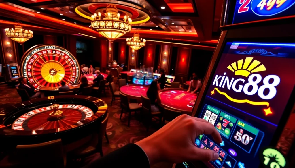 Engaging in exciting casino games at KING88's vibrant gaming tables with stylish decor.