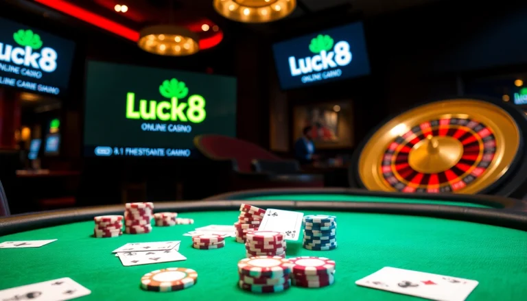 Players engage in intense poker action at Luck8's luxurious casino tables, showcasing high stakes and excitement.